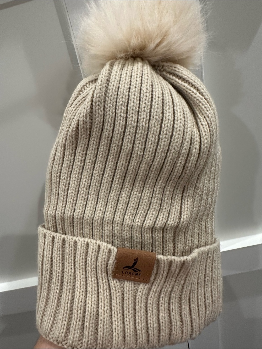 Ribbed Pom Beanie with matching gloves and scarf in Cream